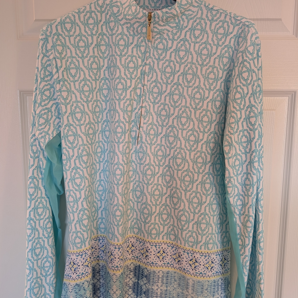 Cabana Life Blue and White Patterned Long Sleeve Top